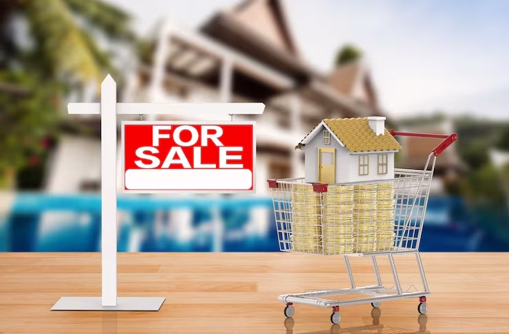 sale-house-sign-with-3d-rendering-mock-up-house-shopping-cart_493806-5131